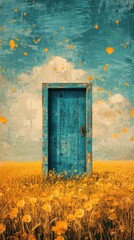 Mysterious Blue Door in a Surreal Landscape with Vibrant Yellow Flowers and a Dreamy Blue Sky