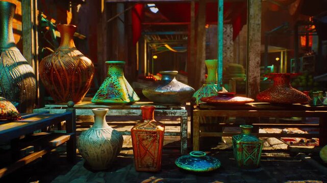 A group of vases is placed on top of a wooden table in an empty old oriental market during sunset.