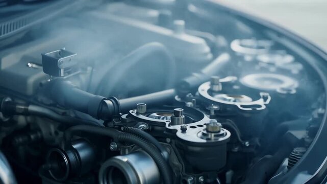 Close up view of a running car engine, highlighting the complex network of components and the emission of exhaust fumes