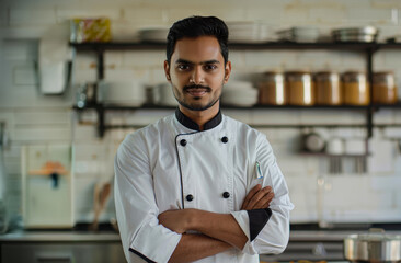 Obraz premium Chef in a professional kitchen confidently poses with arms crossed while surrounded by culinary tools and ingredients