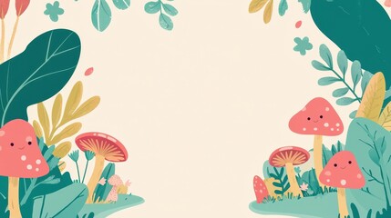 Cute Cartoon Mushroom Illustration with Green Foliage and White Background