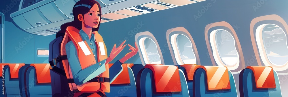 Poster A flight attendant explains safety protocols to passengers while seated in an airplane cabin with empty seats around her. Generative AI