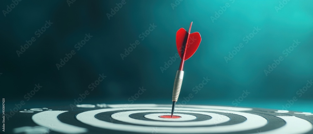 Poster red dart hitting bullseye on target board with copy space for text