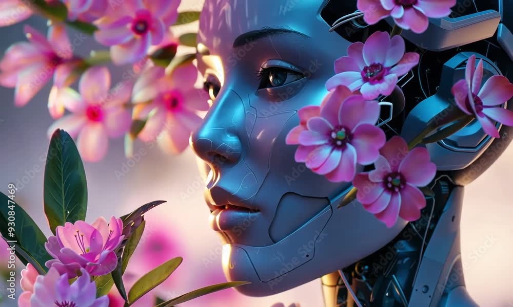 Poster exploring the blend of technology and nature with a robotic figure surrounded by blooming flowers in