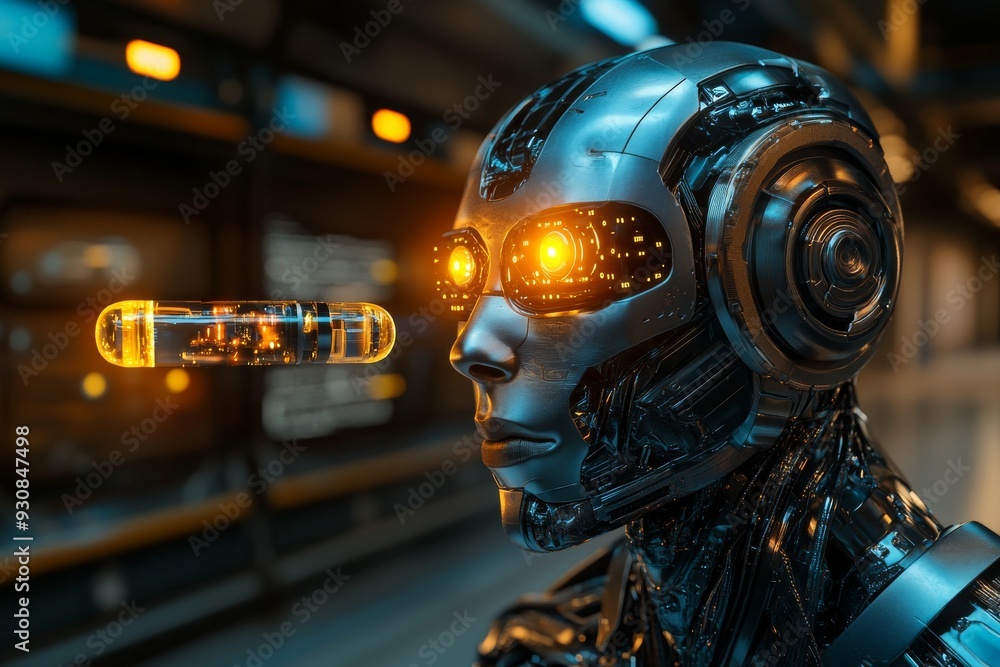 Poster futuristic cyborg with glowing yellow eyes highlighting the advanced integration of ai technology an