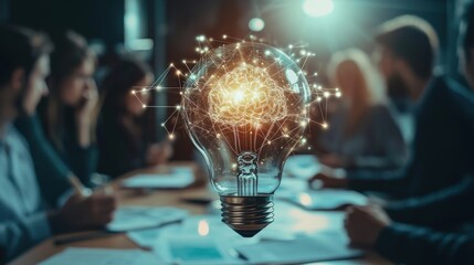 Creative Collaboration at the Work Desk with Brain Bulbs on, Representing Innovative Ideas and Dynamic Team Synergy