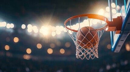 Basketball Scoring in Hoop with Stadium Lights in Background