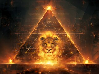Lion God -  Lion in fire as geometry the pyramid with burning candles