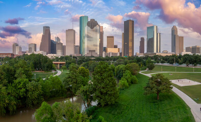 Downtown city skyline of skyscapers in  Houston, Texas, United States.