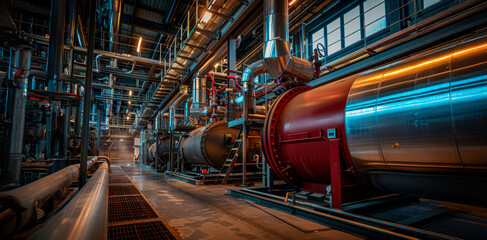 Obraz premium Industrial machinery in a modern manufacturing facility at dusk