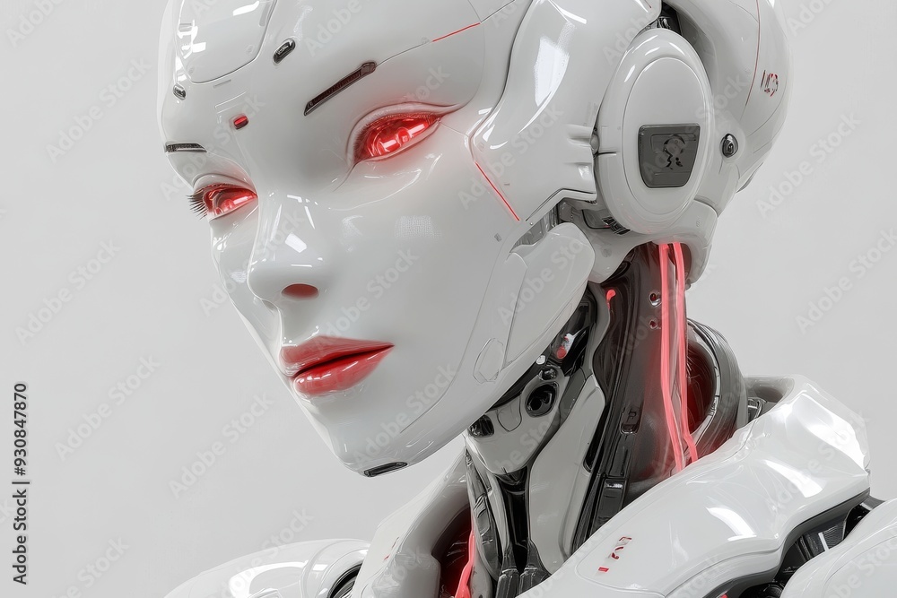 Poster futuristic female android with red eyes and mechanical face representing the integration of ai techn