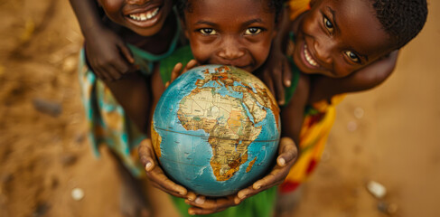 Children smiling while holding a globe representing Africa under natural light in a rural area