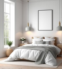 plain white frame in a cozy bedroom, 3d rendering