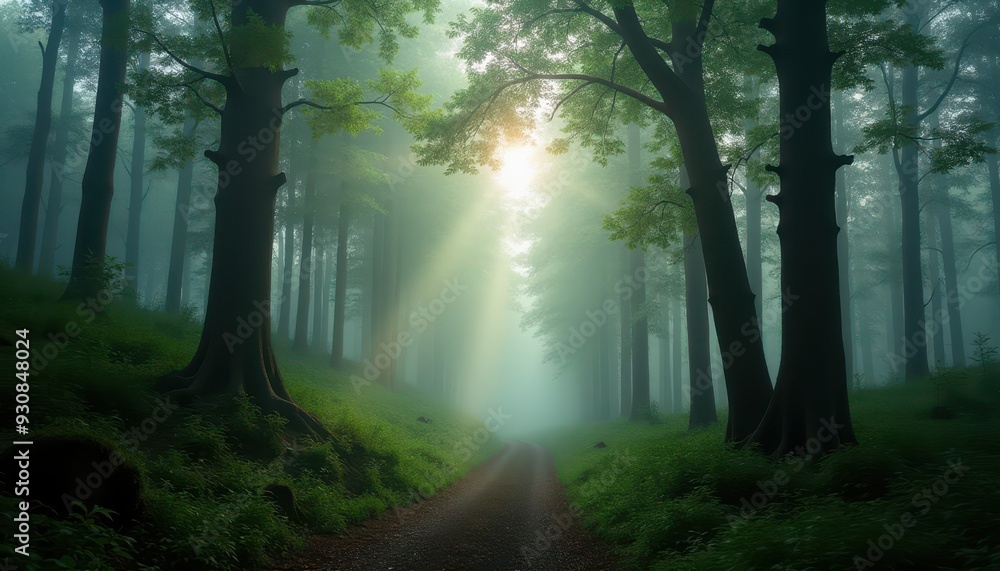 Poster sunlight filters through dense, misty forest trees, illuminating a tranquil, winding path surrounded