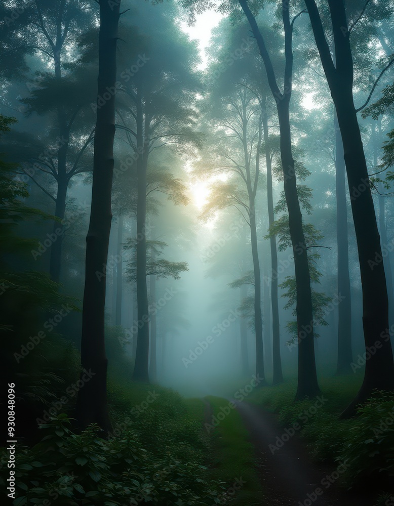 Poster a misty forest with tall trees and sunlight peeking through, creating a serene and mysterious atmosp