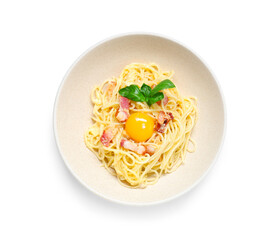 Bowl with tasty pasta carbonara on white background