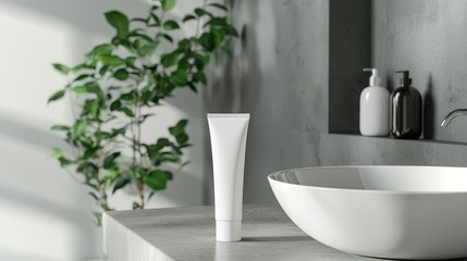 Fototapeta premium White Tube Mockup on Grey Marble Countertop in Bathroom