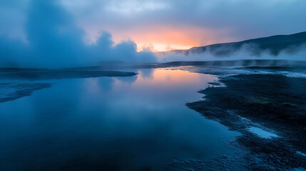 Fototapeta premium Steaming geothermal landscape at sunset, capturing a serene moment with mist rising from the water against a glowing sky.
