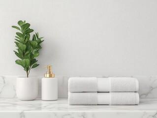Minimalist bathroom decor with stacked towels, soap dispenser, and potted plant on marble surface..