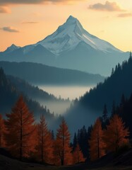 Majestic snow-capped mountain peak at sunrise, with misty valleys and autumnal trees in the foreground, creating a serene and picturesque landscape.