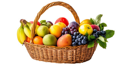 Isolated on white background a variety of fresh fruits arranged in a basket 