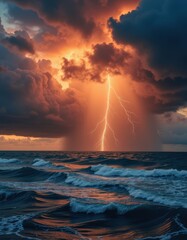 A striking lightning bolt illuminates dark storm clouds over a turbulent ocean, creating a dramatic and powerful seascape scene.