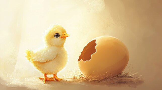 Cute Newborn Chickling  Hatching from Cracked Egg Shell