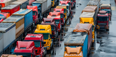 Colorful trucks lined up at a busy shipping yard under a cloudy sky