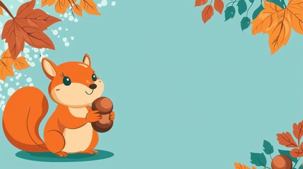 Fototapeta premium Cute Cartoon Squirrel Holding Acorn Autumn Leaves Background