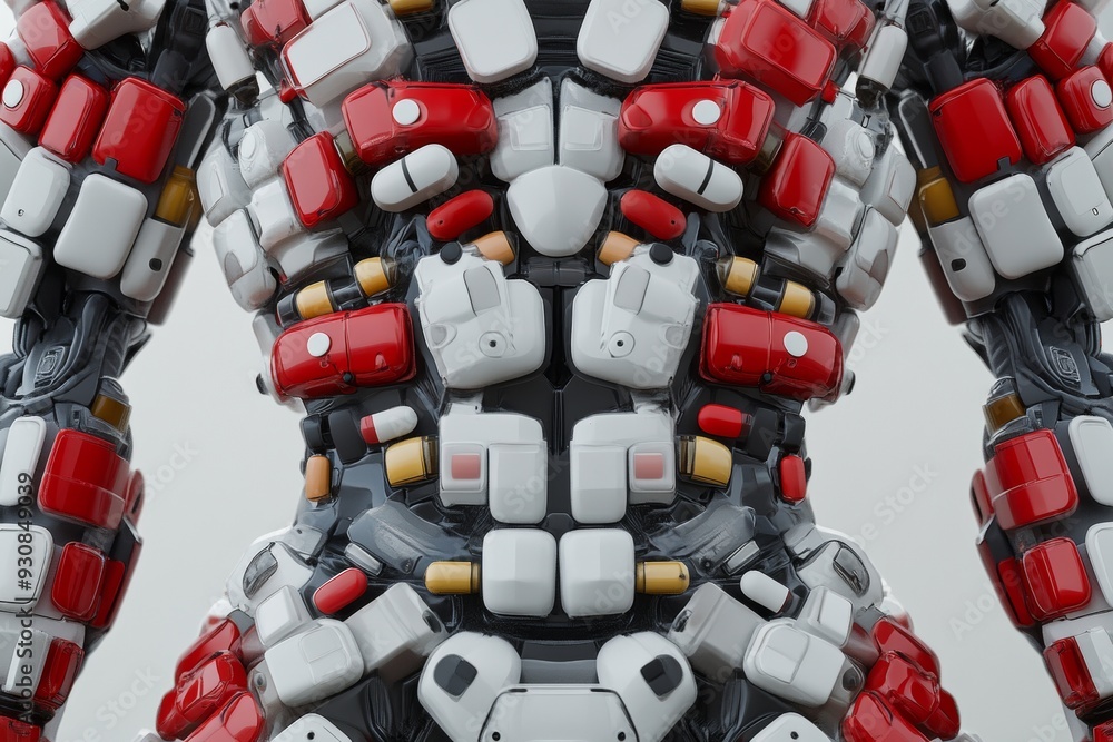 Poster full body portrait of a humanoid made of white and red pills standing against a neutral backdrop