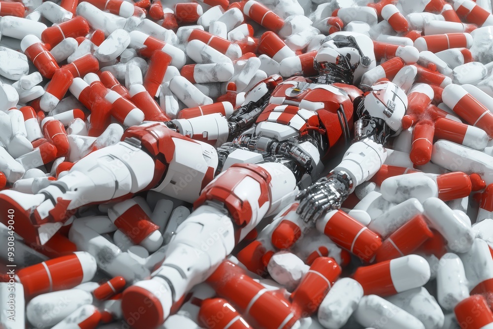 Poster dynamic depiction of a humanoid composed entirely of colorful capsules in a vibrant motion blur