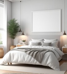 plain white frame in a cozy bedroom, 3d rendering
