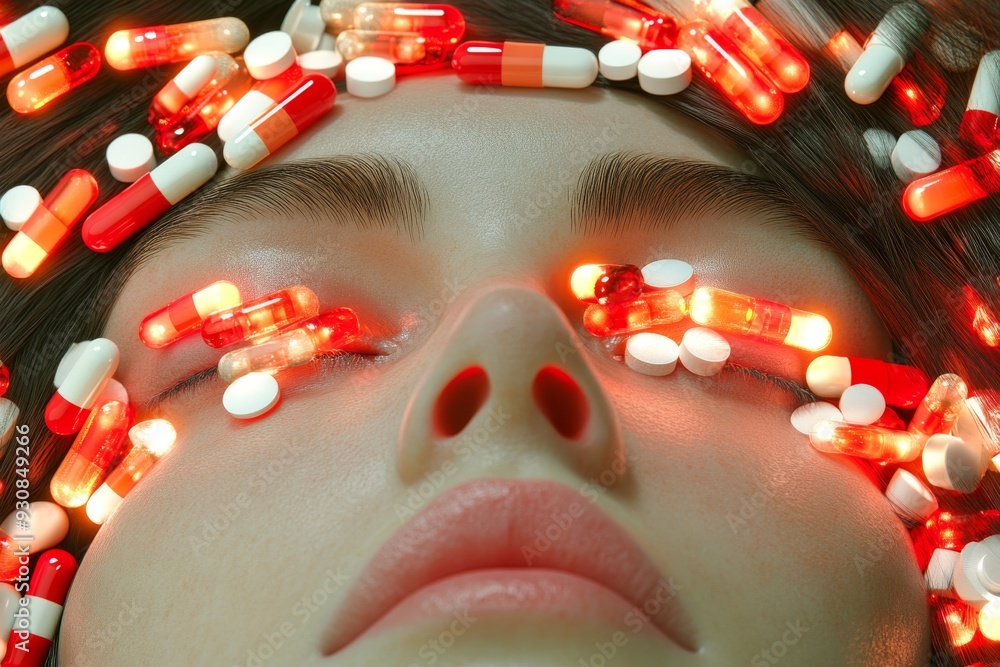 Poster futuristic interface showing a face illuminated by vibrant colored lights reflecting digital data