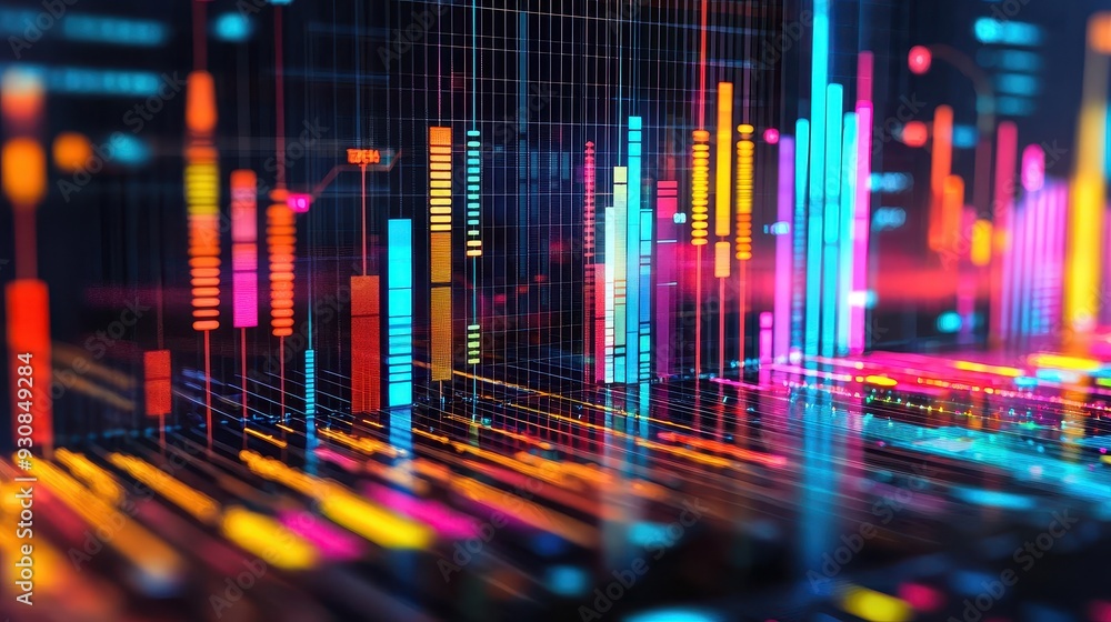 Poster abstract digital data network neon lights colorful bars grid technology background