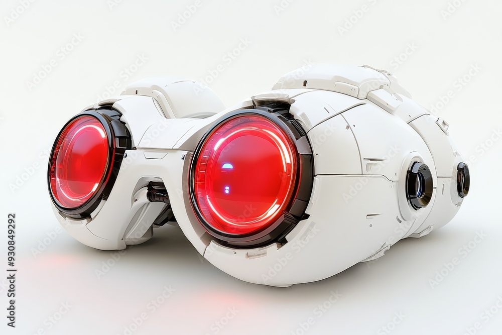Poster close up of a futuristic robotic head wearing large red goggles in a minimalist setting