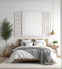 plain white frame in a cozy bedroom, 3d rendering