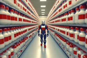 Futuristic humanoid racing down a corridor lined with various colored medications