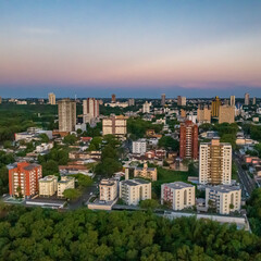 Border between Brazil and Paraguay and connects Foz do Iguacu to Ciudad del Este. Ponte da Amizade in Foz do Iguacu. Aerial view of the Friendship Bridge with Parana river.