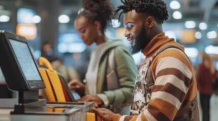 Fototapeta premium Passengers are checking their bags at the airport, focused on their travel plans and preparations