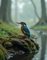 Fototapeta premium A vibrant kingfisher with blue and orange feathers perches on a moss-covered root beside a calm forest stream on a misty day.