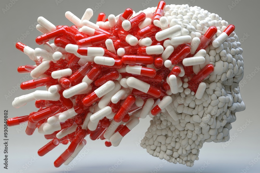 Sticker Dynamic dispersion of red and white pills from a human brain model against a stark white background