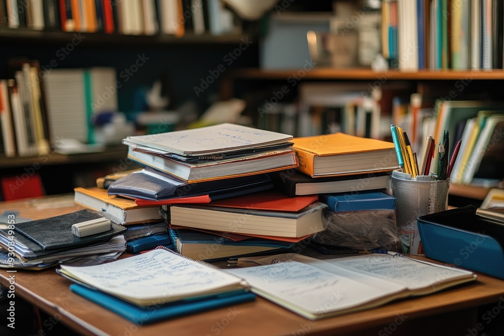Poster a messy desk with books and notebooks. this photo shows a cluttered desk perfect for depicting a bus