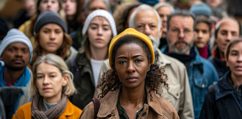 A diverse crowd of people focuses intently, capturing a moment of unity in an urban setting during the day