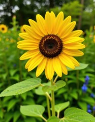 Obraz premium A vibrant single yellow sunflower in full bloom, standing tall amidst lush green foliage with a blurred background of additional flowers.