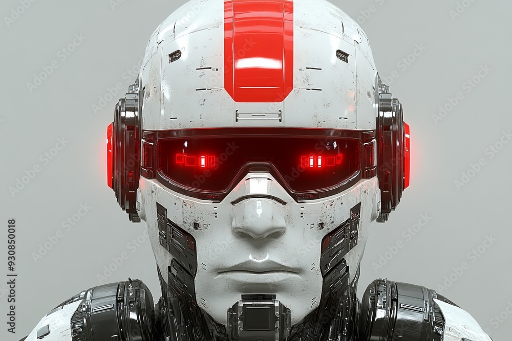 Poster red and white robotic head in a combat helmet gazing forward with a focused intense expression