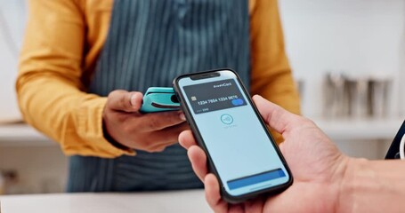 Phone, person and mobile payment in store for machine and financial transaction with bank account. Cellphone, customer and waiter at pos in shop with closeup for sale, credit or nfc tap as paperless - Powered by Adobe