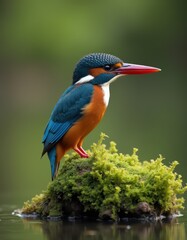 Fototapeta premium A vibrant kingfisher with bright blue and orange plumage perched on a mossy rock in a serene, green natural setting.