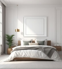 plain white frame in a cozy bedroom, 3d rendering