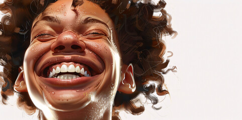 A close-up of a young person with curly hair laughing with their eyes closed, showing their teeth, and a few drops of water on their face. generative Ai