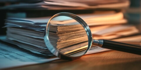 A magnifying glass on an organized stack of documents highlights the need for thorough examination in research and analysis, which demand meticulous attention to detail and accuracy